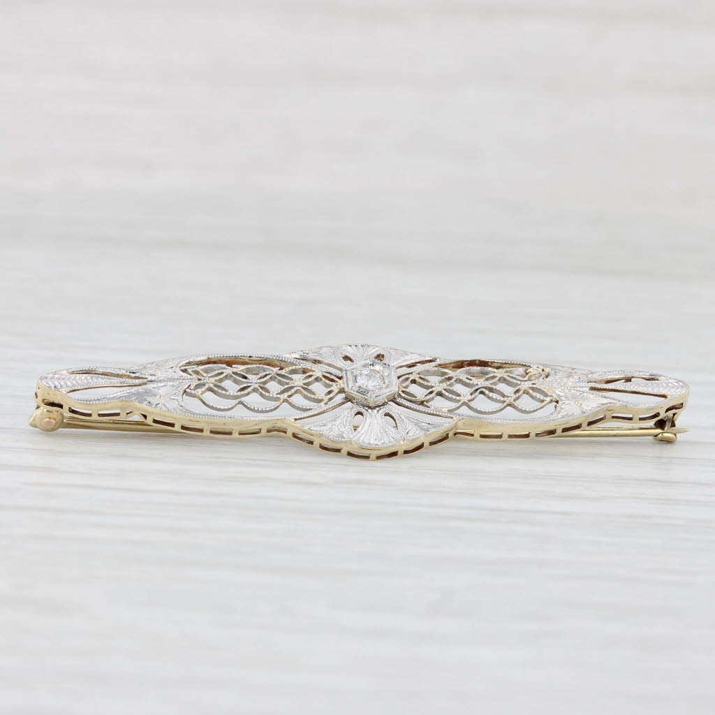 Light Gray Vintage Diamond Filigree Bar Pin 14k Gold Platinum Brooch