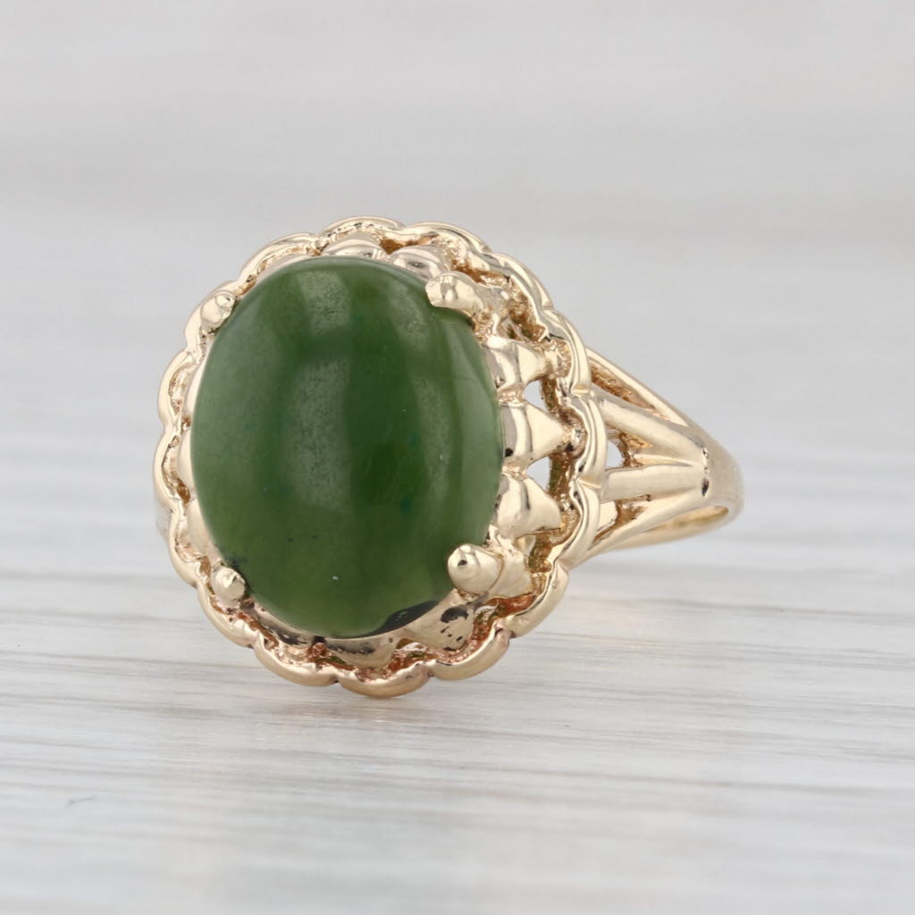 Green Nephrite Jade Oval Cabochon Solitaire Ring 10k Yellow Gold Size 7.25