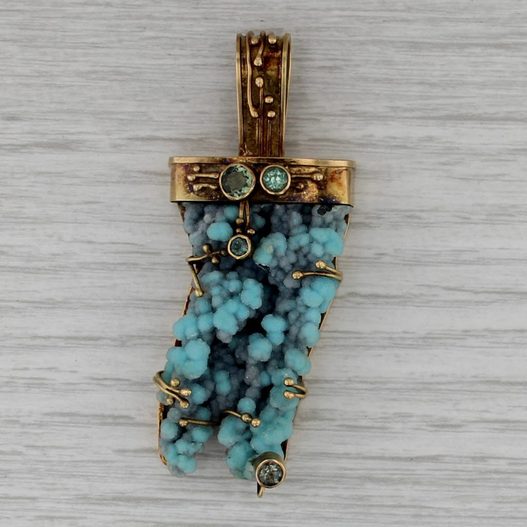 Margaret Thurman The Dreamer Blue Druzy Quartz Tourmaline Pendant 18k Gold