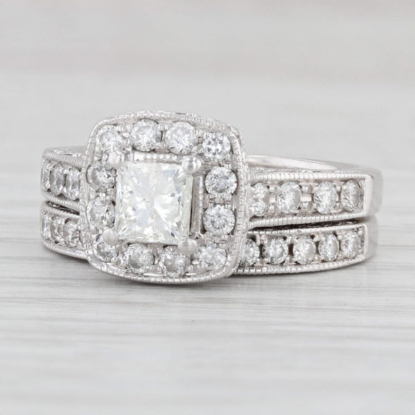 Light Gray 1.02ctw Princess Diamond Halo Engagement Ring Wedding Band Set 14k Gold Size 5.5
