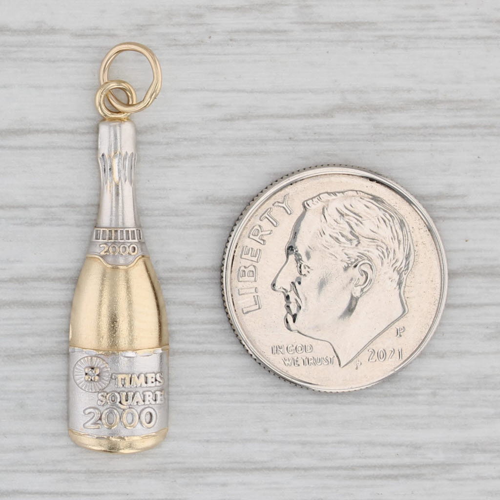 Light Gray Times Square 2000 Champagne Bottle Charm 14k Gold Pendant Diamond Accent