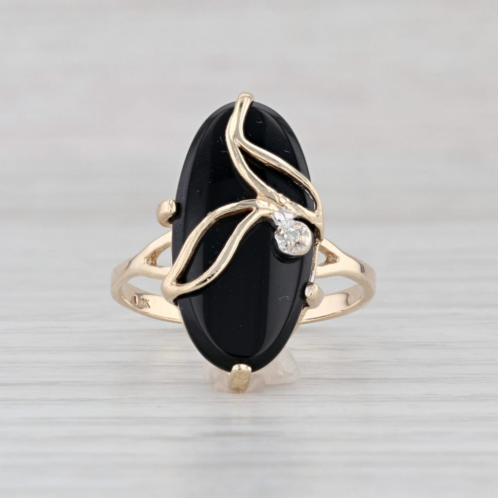 Vintage Onyx Diamond Flower Ring 10k Yellow Gold Size 7