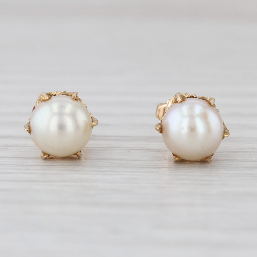 Ornate Vintage Cultured 7mm Pearl Stud Earrings 14k Yellow Gold Studs