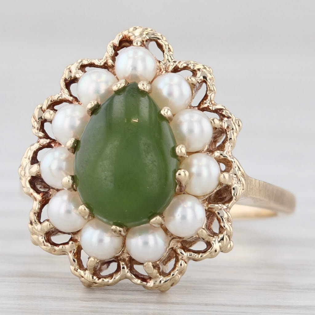 Light Gray Green Nephrite Jade Cultured Pearl Halo Teardrop Ring 10k Yellow Gold Size 6.25
