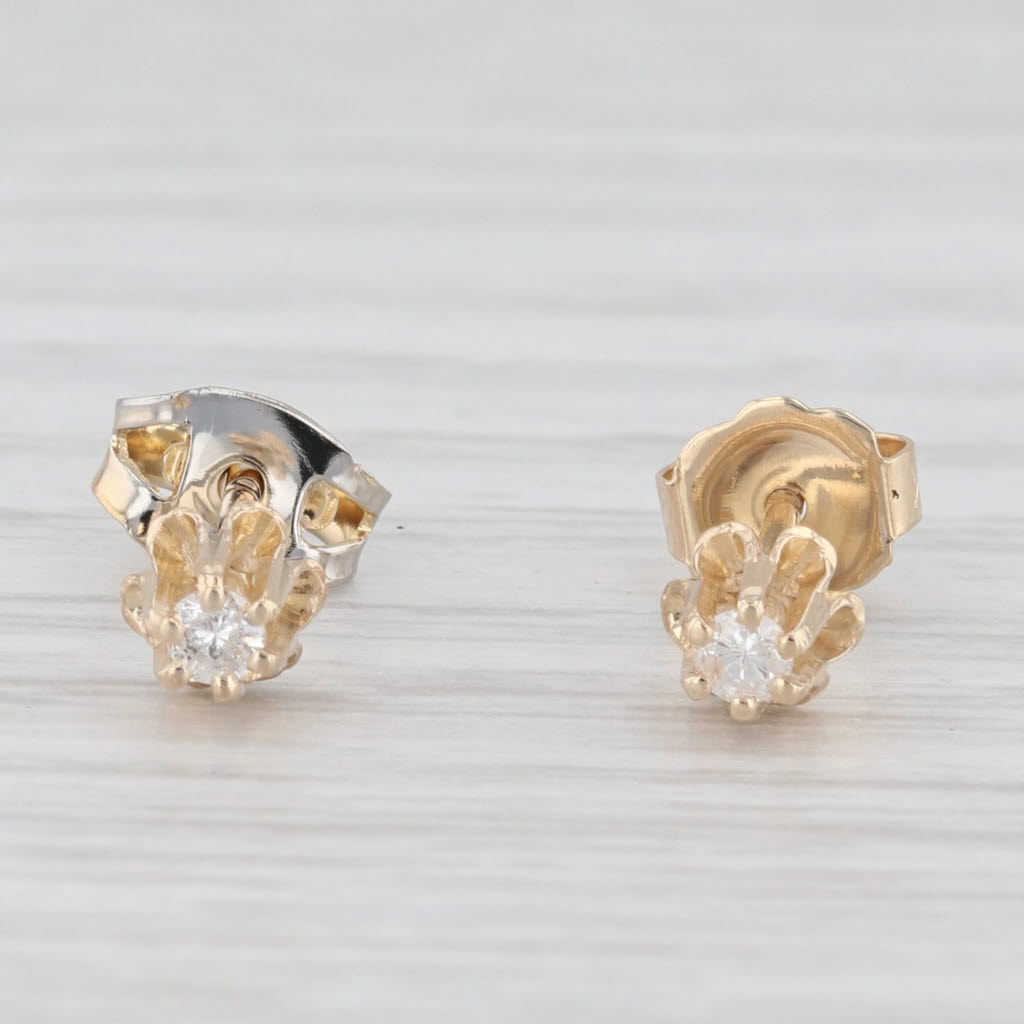 Light Gray Small Diamond Buttercup Stud Earrings 14k Yellow Gold Round Solitaires