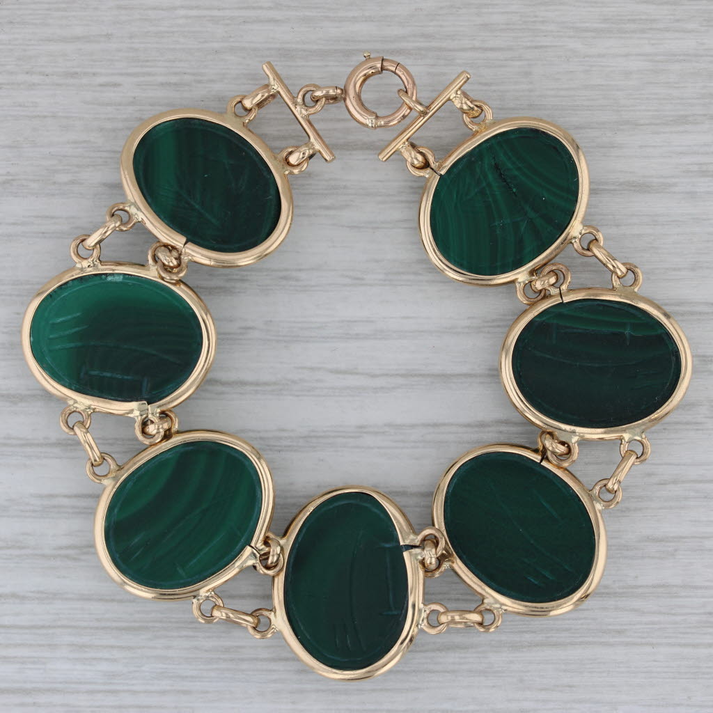 Dark Gray Scarab Carved Green Malachite Bracelet 14k Yellow Gold 7" 22mm
