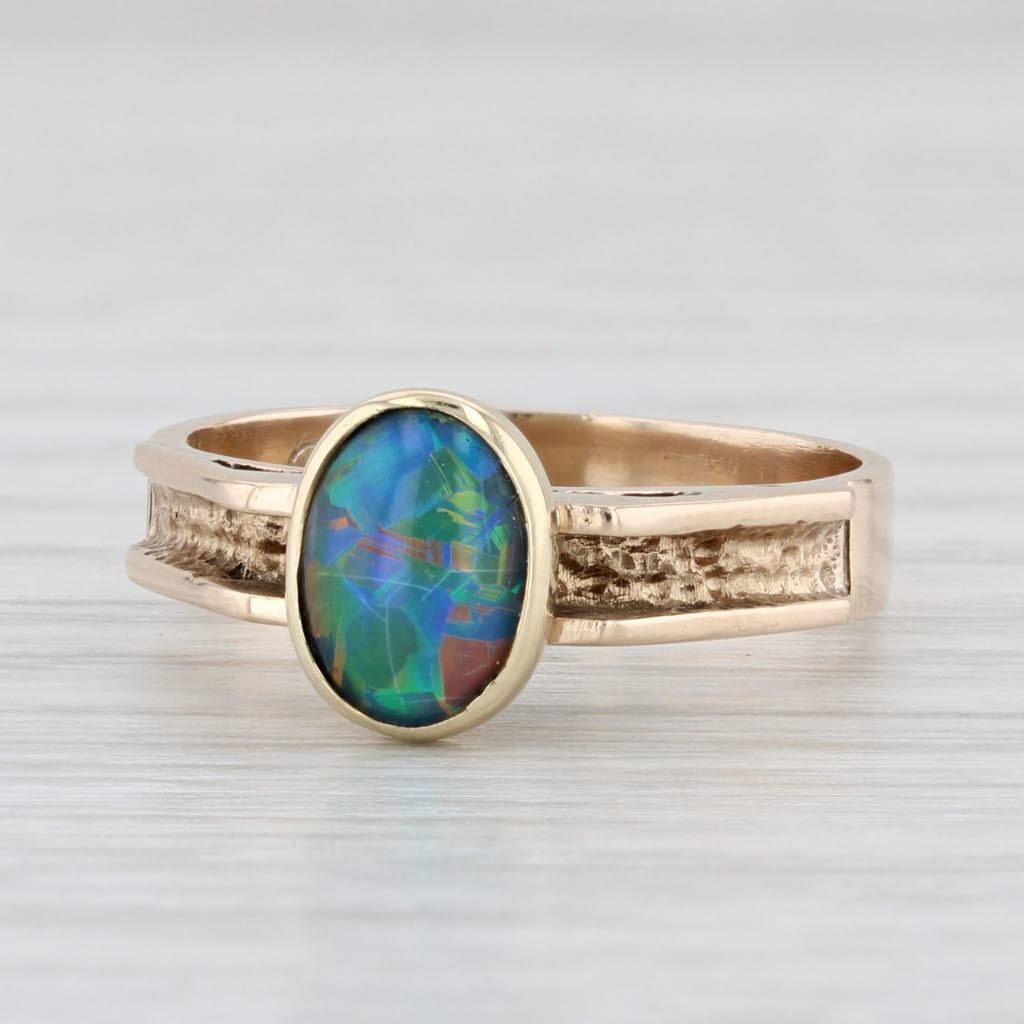 Light Gray Colorful Opal Triplet Ring 9k Yellow Gold Size 6.25 Oval Cabochon Solitaire