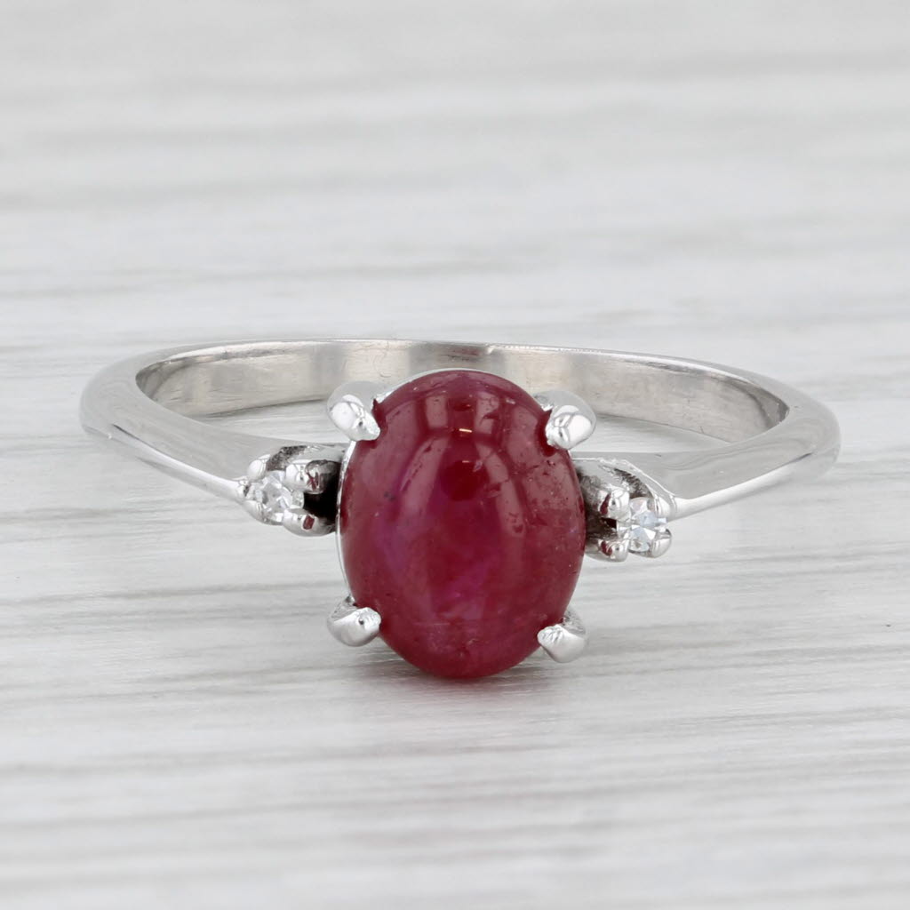 Light Gray Vintage Ruby Cabochon Diamond Ring 14k White Gold Size 6.25