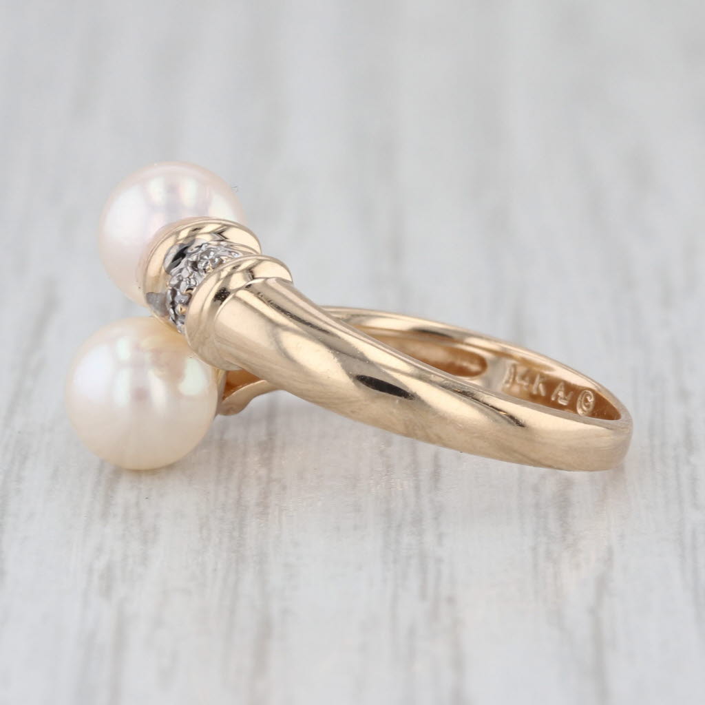 Cultured Pearl Bypass Ring 14k Yellow Gold Size 6.75 Diamond Accents