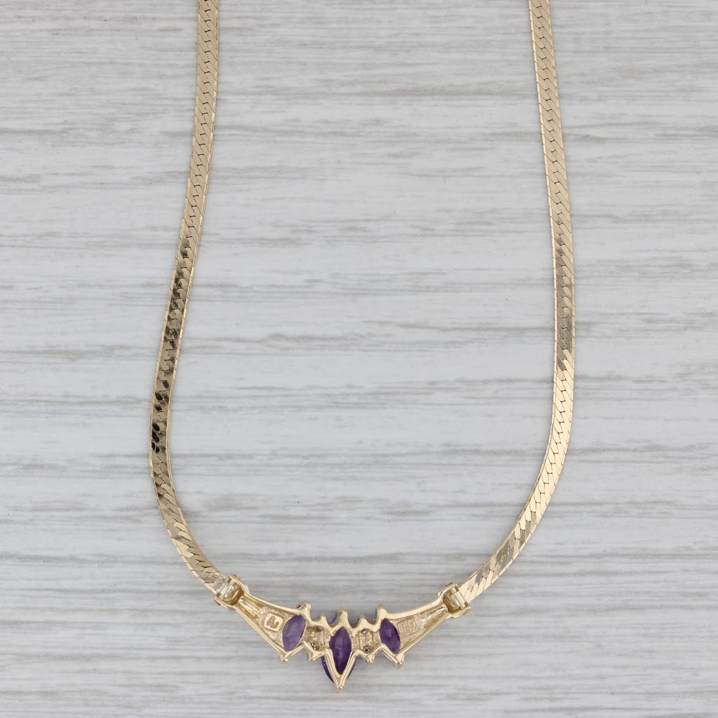 Gray 0.96ctw Amethyst Diamond V Necklace 14k Yellow Gold 16" Herringbone Chain