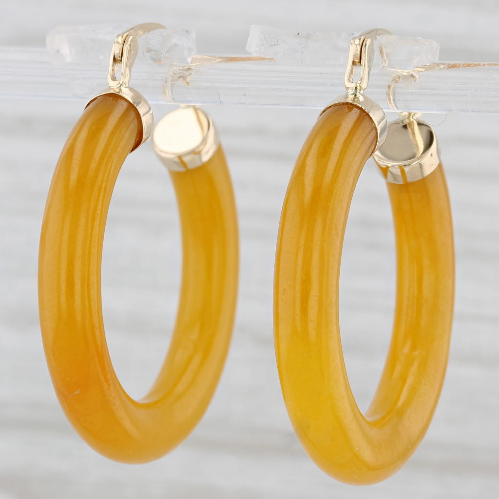 Light Gray Yellow Jadeite Jade Hoop Earrings 14k Yellow Gold Snap Top Round Hoops