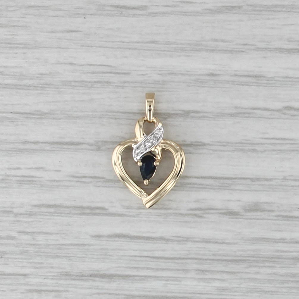 Blue Sapphire Diamond Open Heart Pendant 10k Yellow Gold Small Drop
