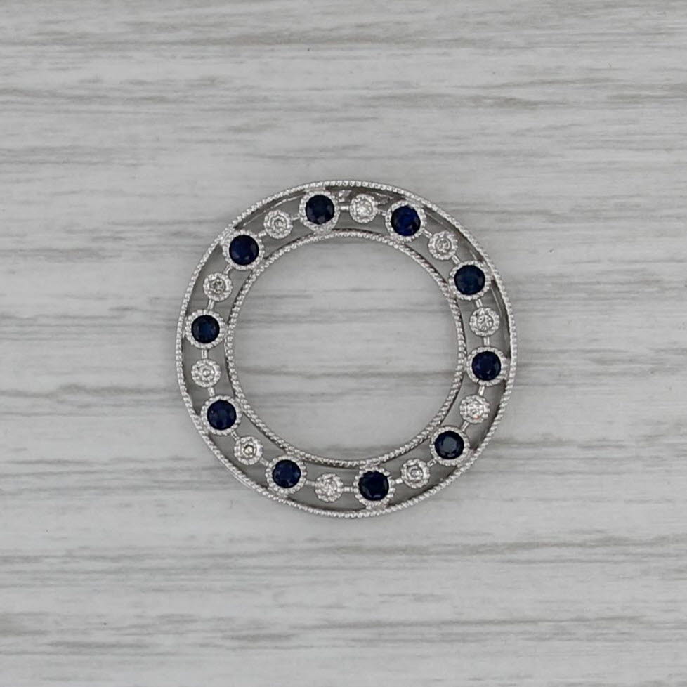 0.68ctw Blue Sapphire Diamond Circle Pendant 10k White Gold Floating Drop