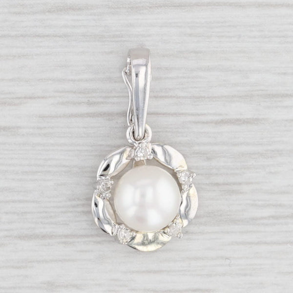 Light Gray Cultured Button Pearl Diamond Enhancer Pendant 14k White Gold Small Drop