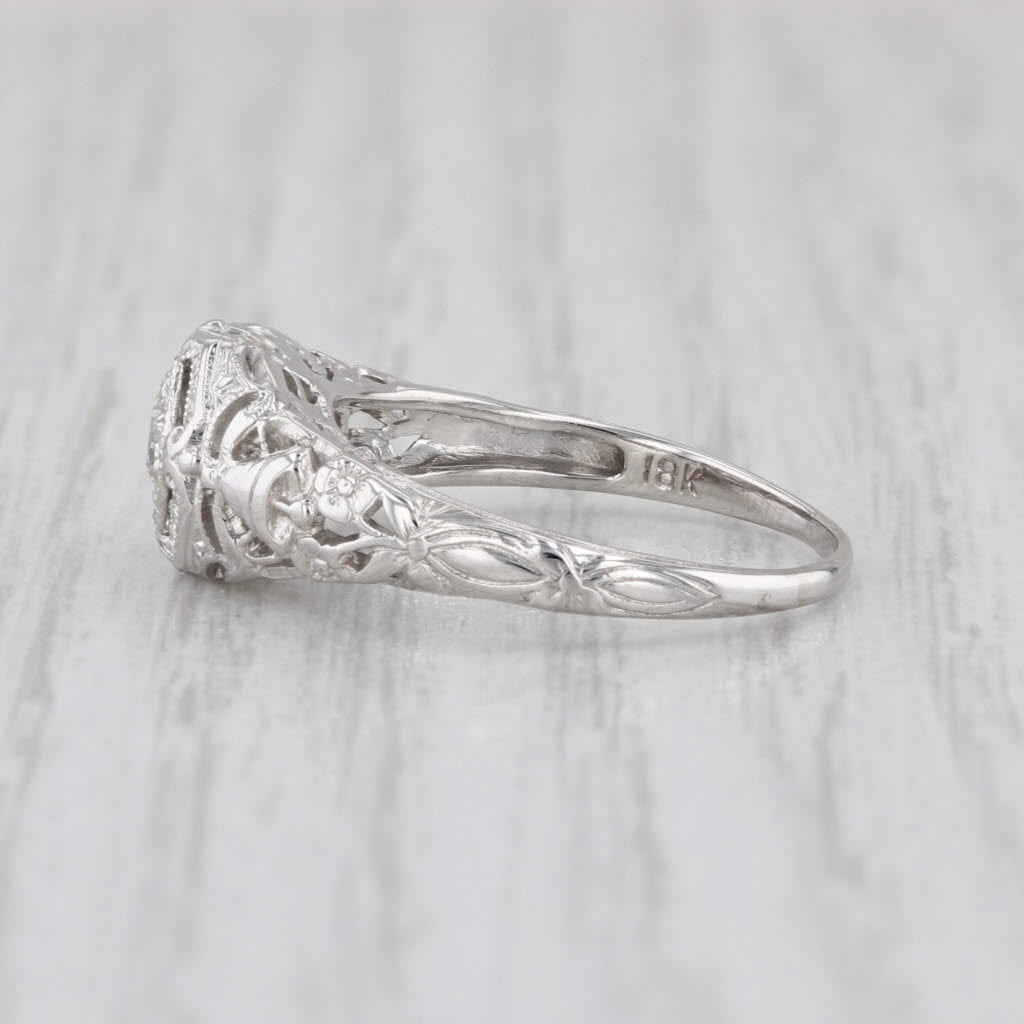 Art Deco 0.29ct Old European Diamond Solitaire Engagement Ring 18k White Gold
