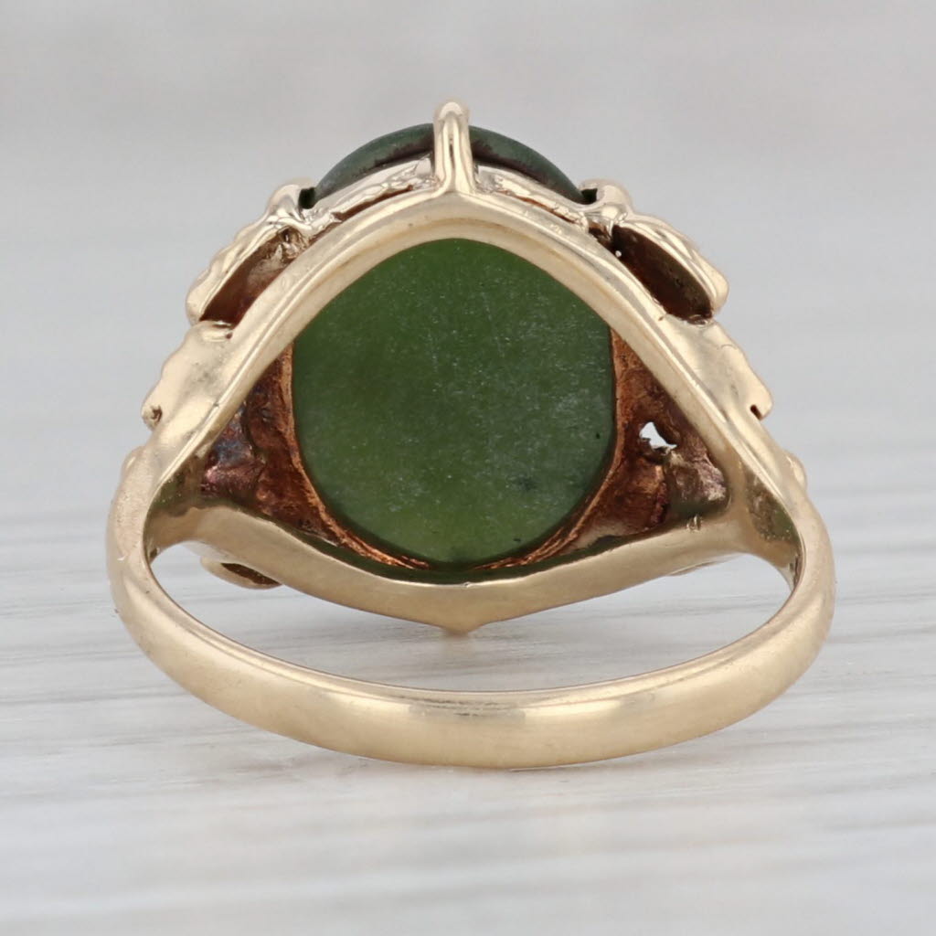 Gray Green Nephrite Jade Leaf Ring 10k Yellow Gold Size 6.5 Oval Cabochon Solitaire