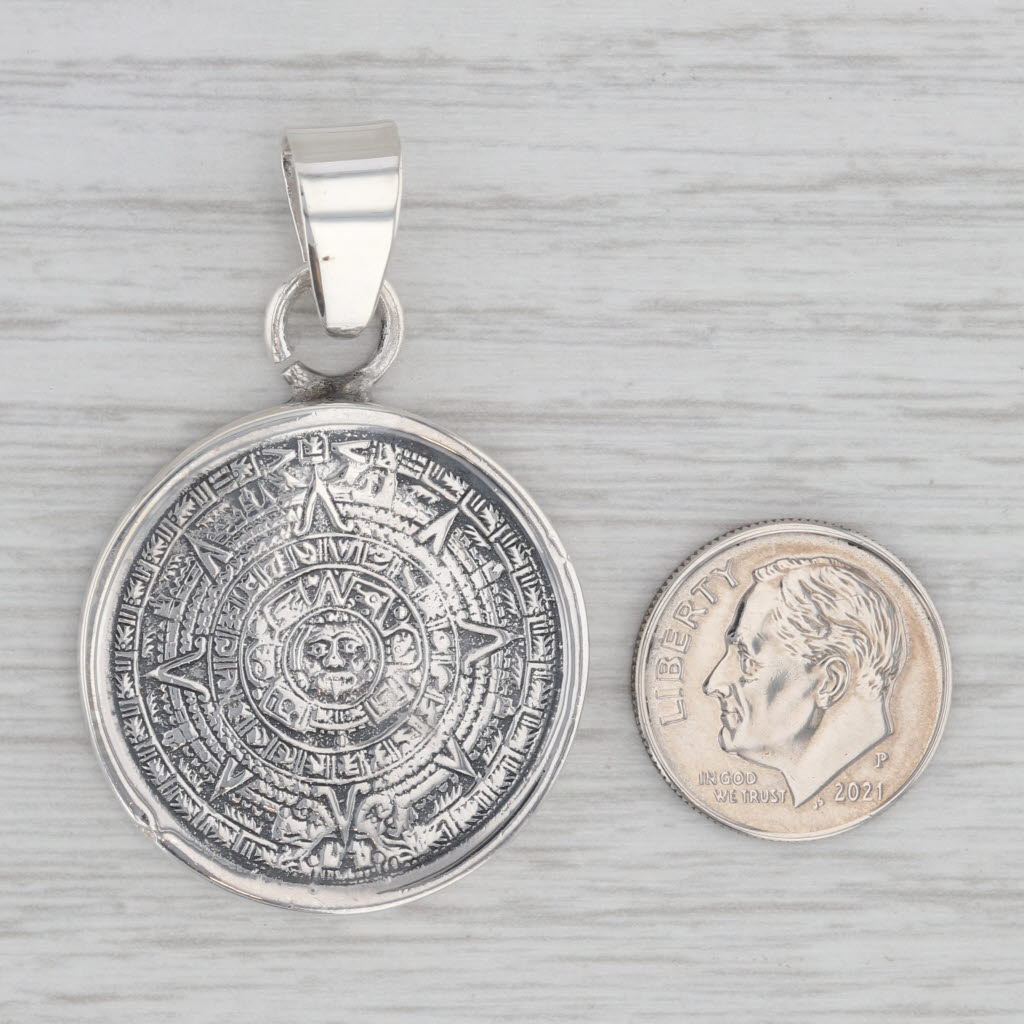 Gray Aztec Sun Calendar Coin Medallion Pendant Sterling Silver