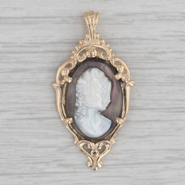 Gray Mother of Pearl Abalone Cameo Pendant 14k Yellow Gold Ornate Vintage