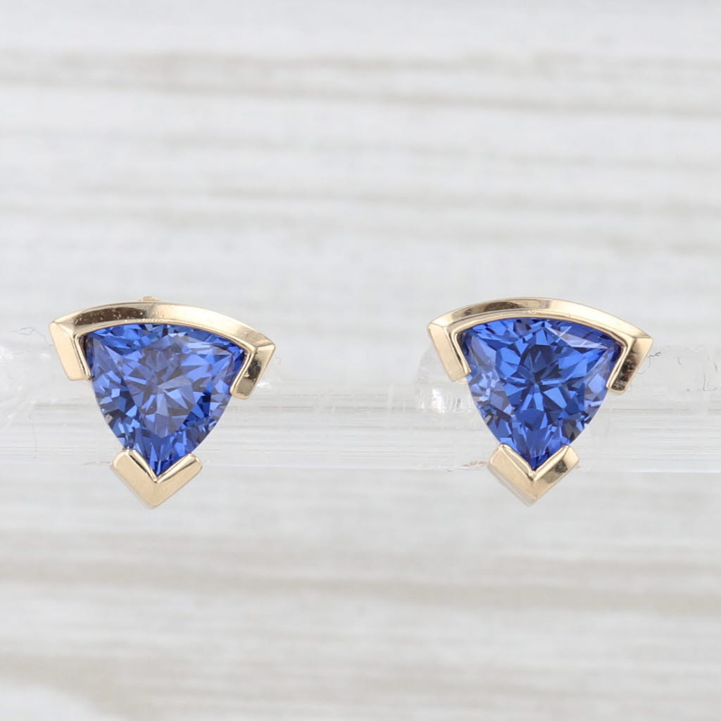 Light Gray 2ctw Tanzanite Trillion Solitaire Stud Earrings 14k Yellow Gold