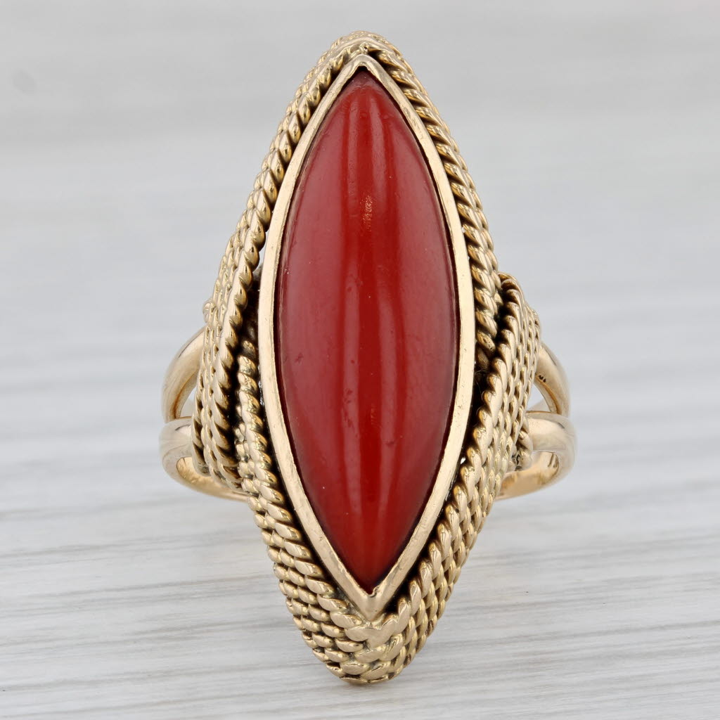 Light Gray Vintage Red Coral Marquise Cabochon Ring 14k Yellow Gold Size 7