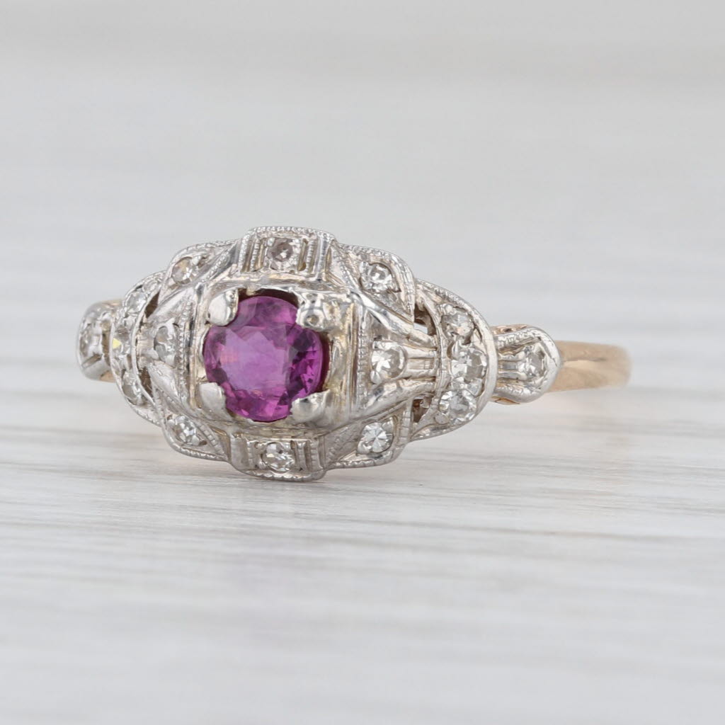 Vintage 0.62ctw Ruby Diamond Ring 14k White Yellow Gold Size 7.5