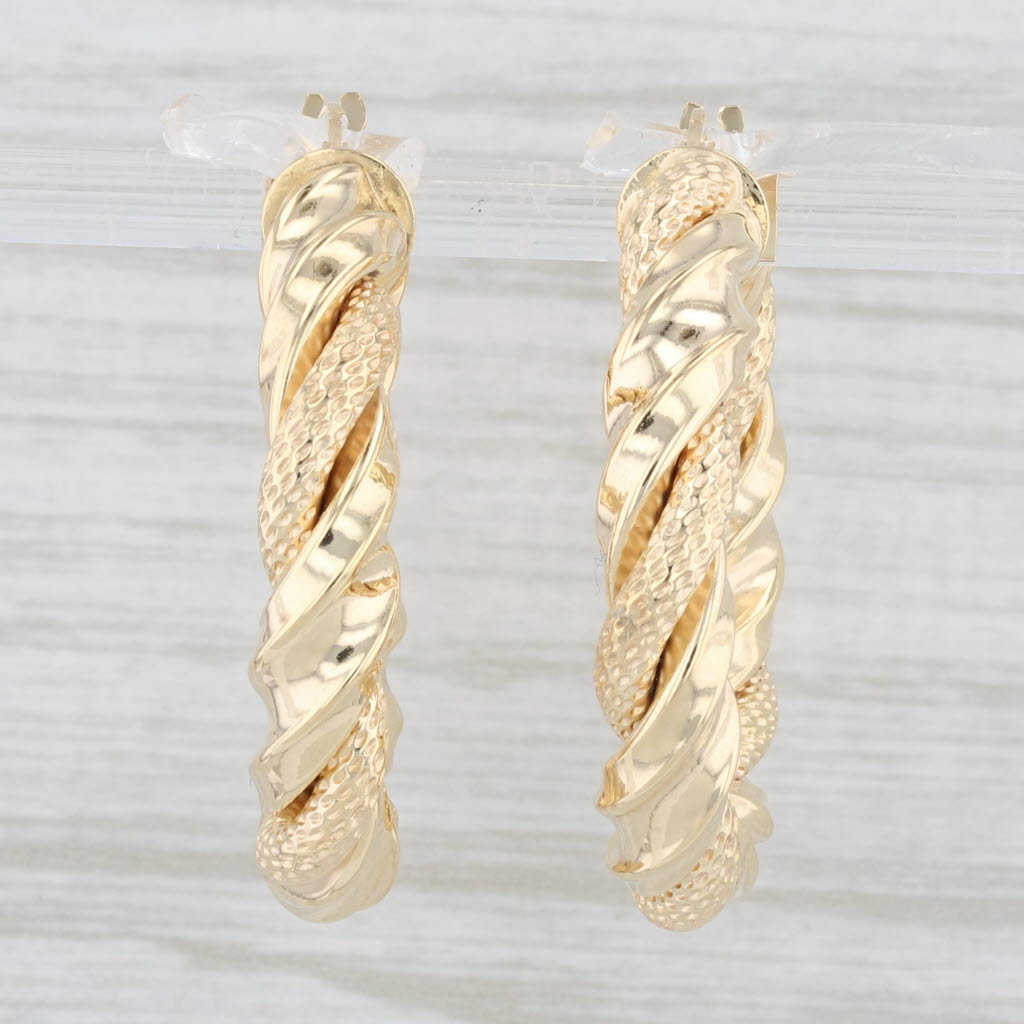 Light Gray New Twist Textured Hoop Earrings 14k Yellow Gold Round Hoops Pierced Snap Top