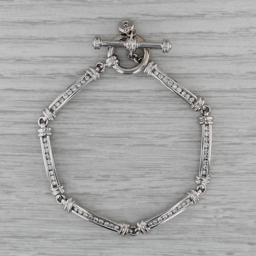 0.85ctw Diamond Bar Link Bracelet 14k White Gold 7" Toggle Clasp