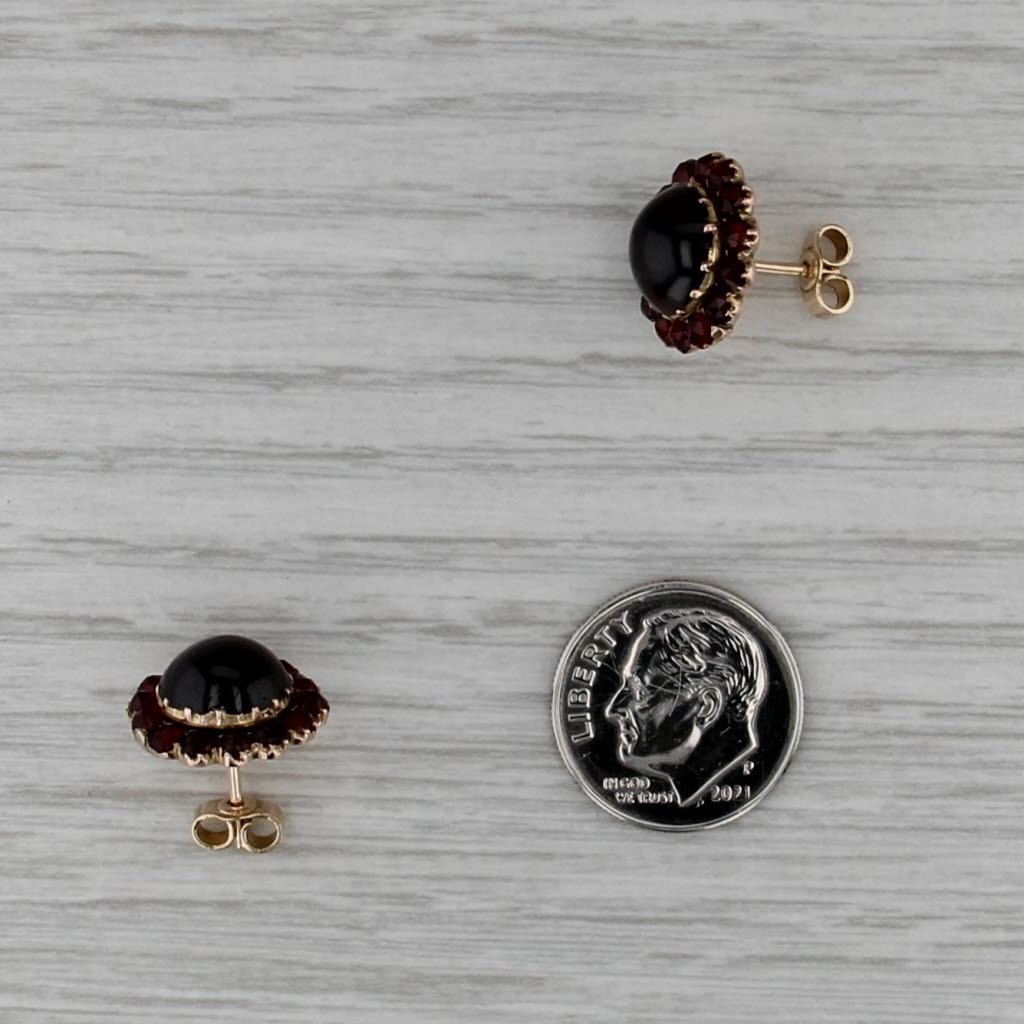 Vintage Garnet Button Flower Stud Earrings 10k Yellow Gold Studs