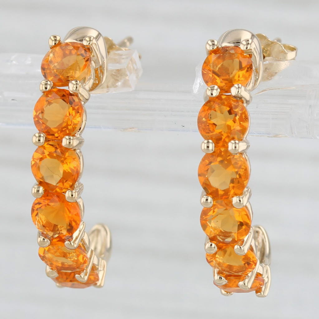 Light Gray Orange Fire Opal Half Hoop J-Hook Earrings 14k Yellow Gold