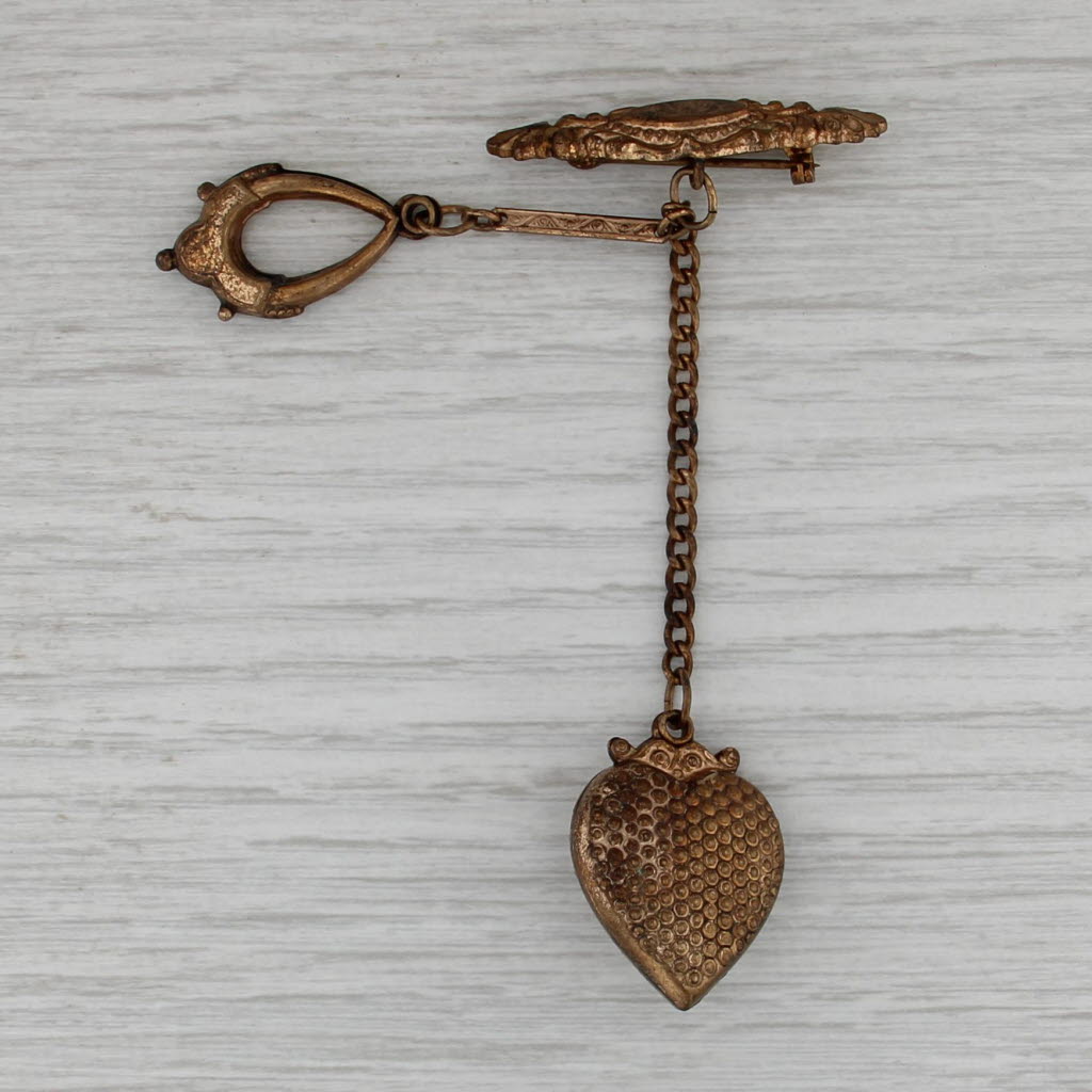 Antique Ornate Brooch w/ Charms Glass Accented Heart Pin