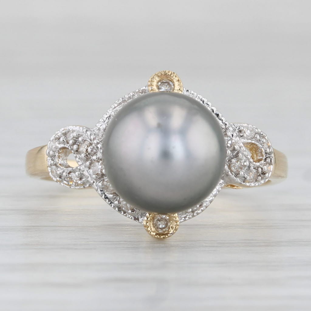 Light Gray Cultured Black Pearl Diamond Ring 14k Yellow Gold Size 6.25