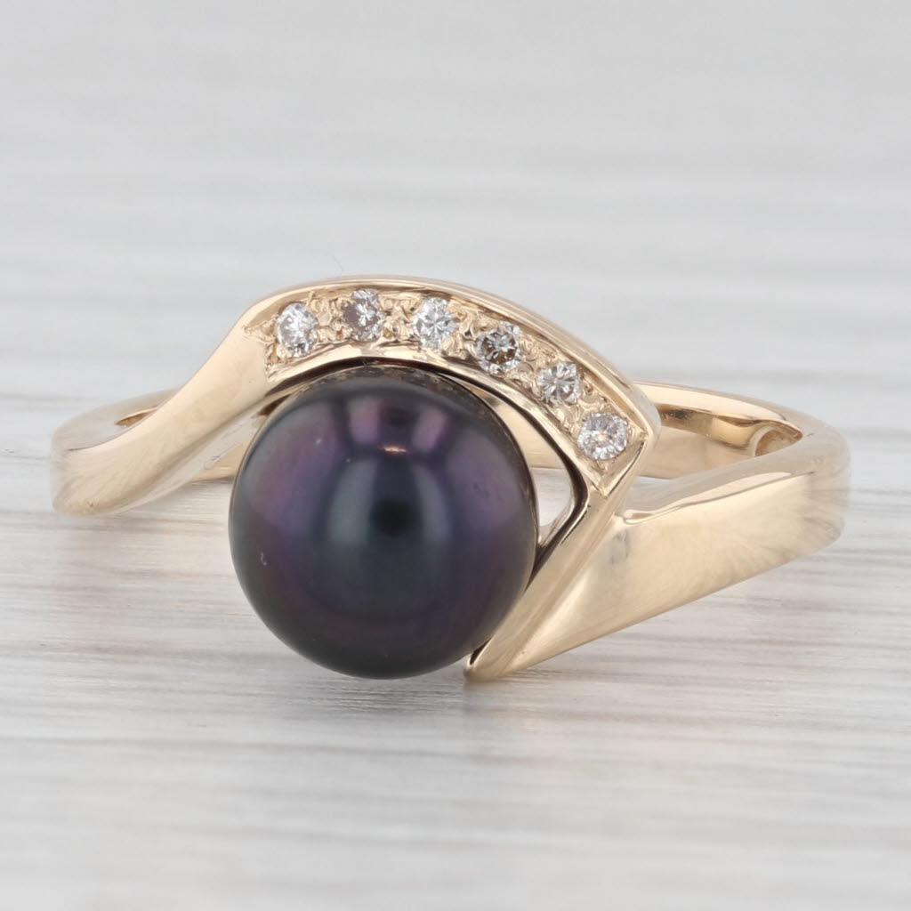 Light Gray Black Cultured Pearl Diamond Ring Bypass Ring 14k Yellow Gold size 6.25