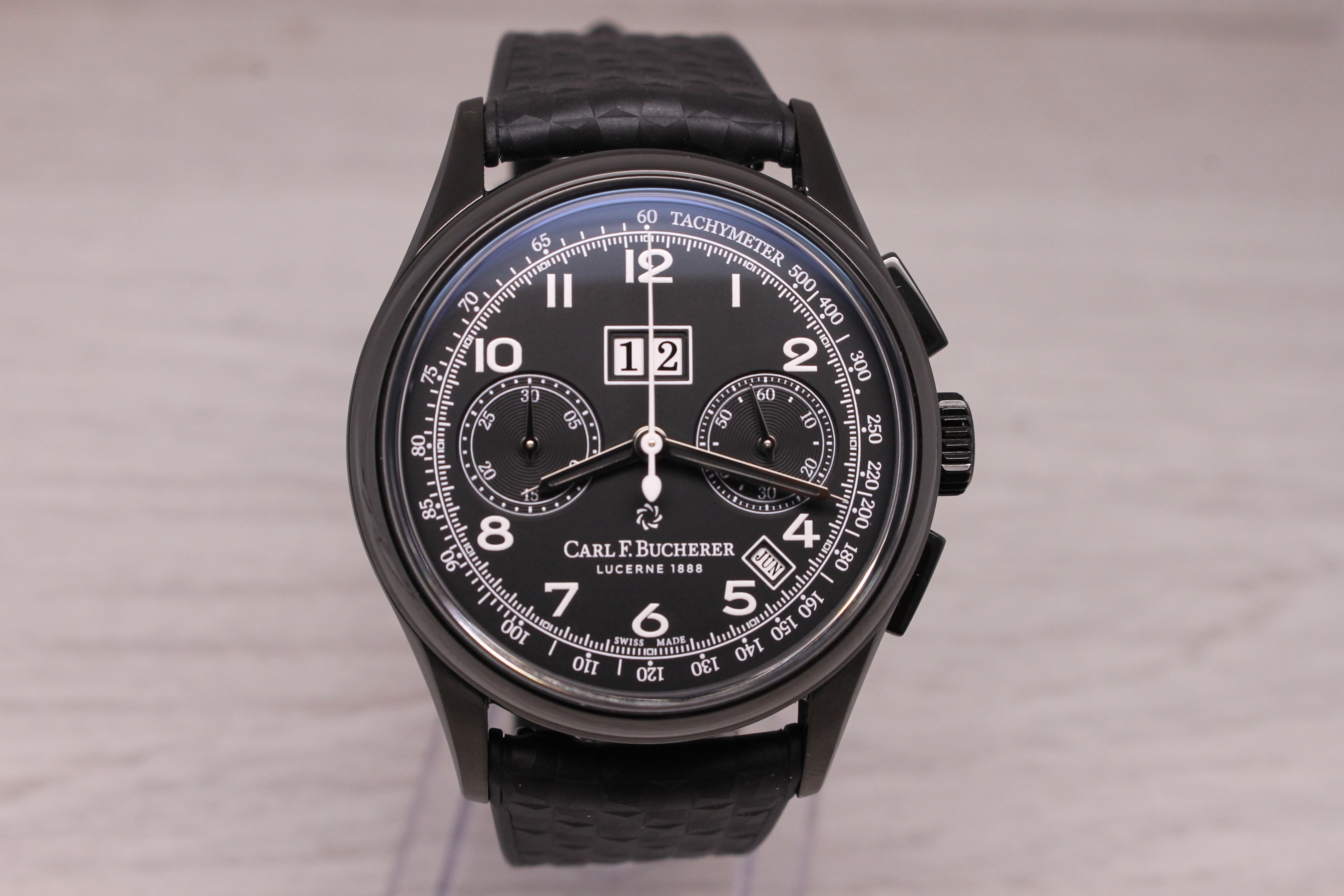 Dark Gray Carl Bucherer Mens BiCompax Chronograph Big Date DLC Coated 41mm Watch w Box