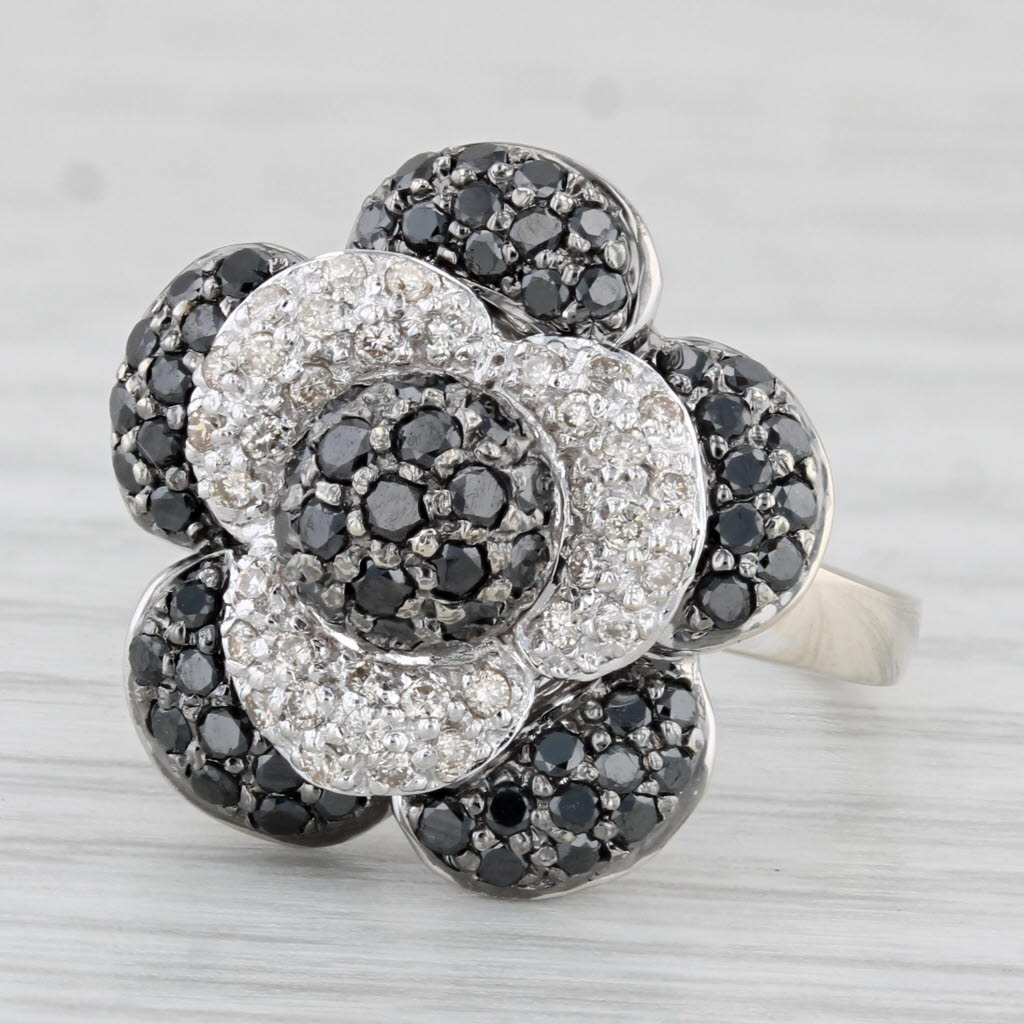 Light Gray 1ctw Black White Diamond Flower Ring 14k White Gold Size 6.75 Cocktail