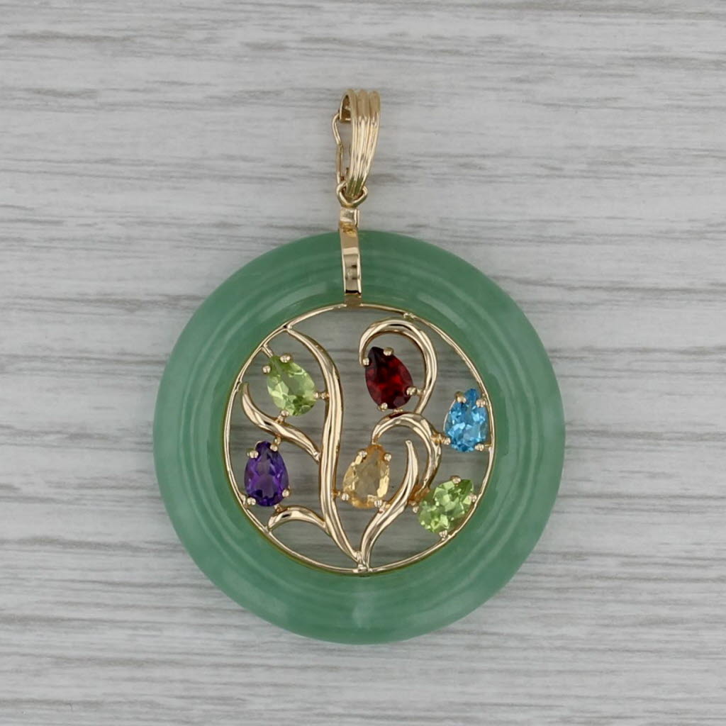 Jadeite Jade Hololith Gemstone Flower Pendant 14k Gold Clip Bail Statement