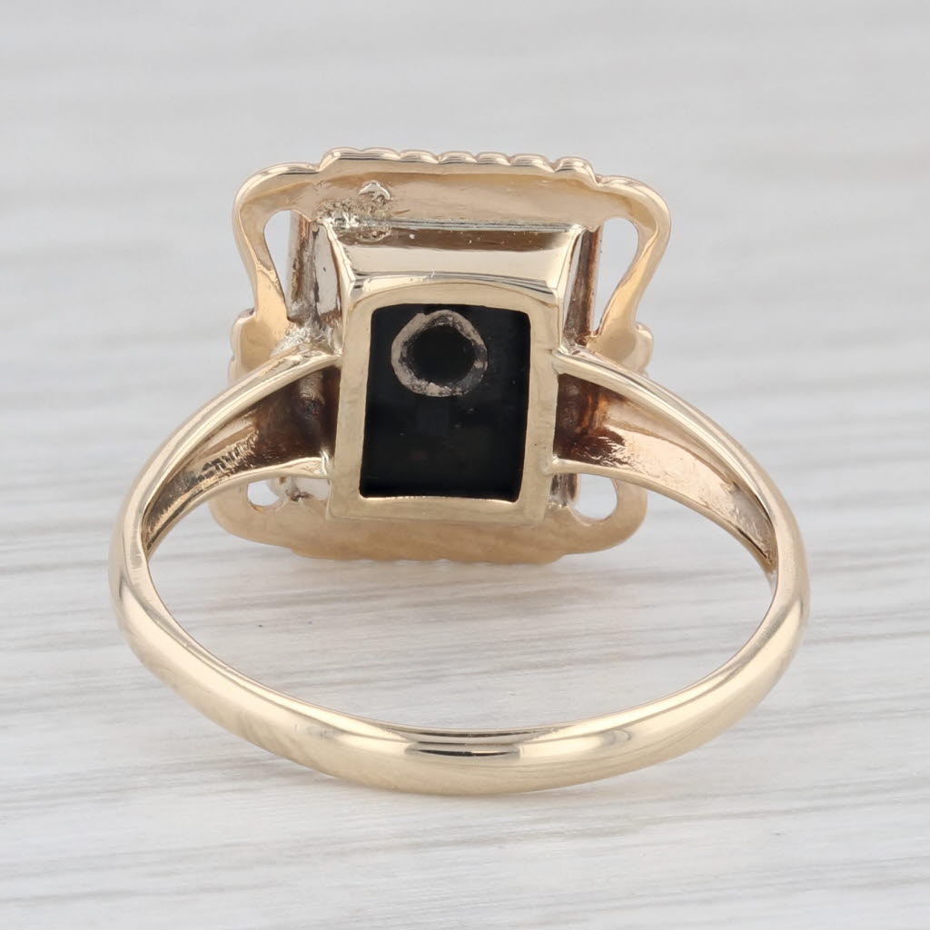 Light Gray Vintage Rectangle Onyx Diamond Signet Ring 10k Yellow Gold Size 6.25