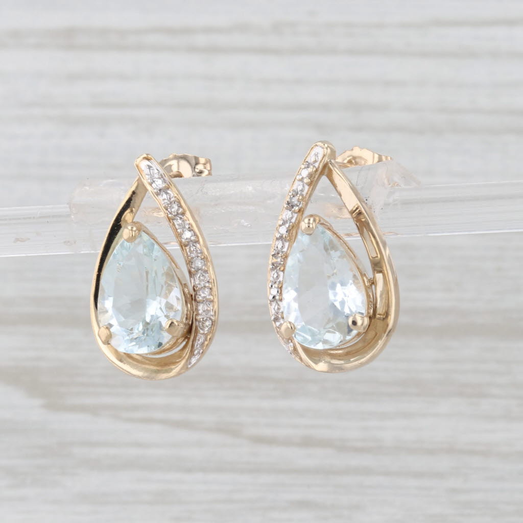 3.16ctw Aquamarine Diamond Teardrop Stud Earrings 10k Yellow Gold Pear Studs