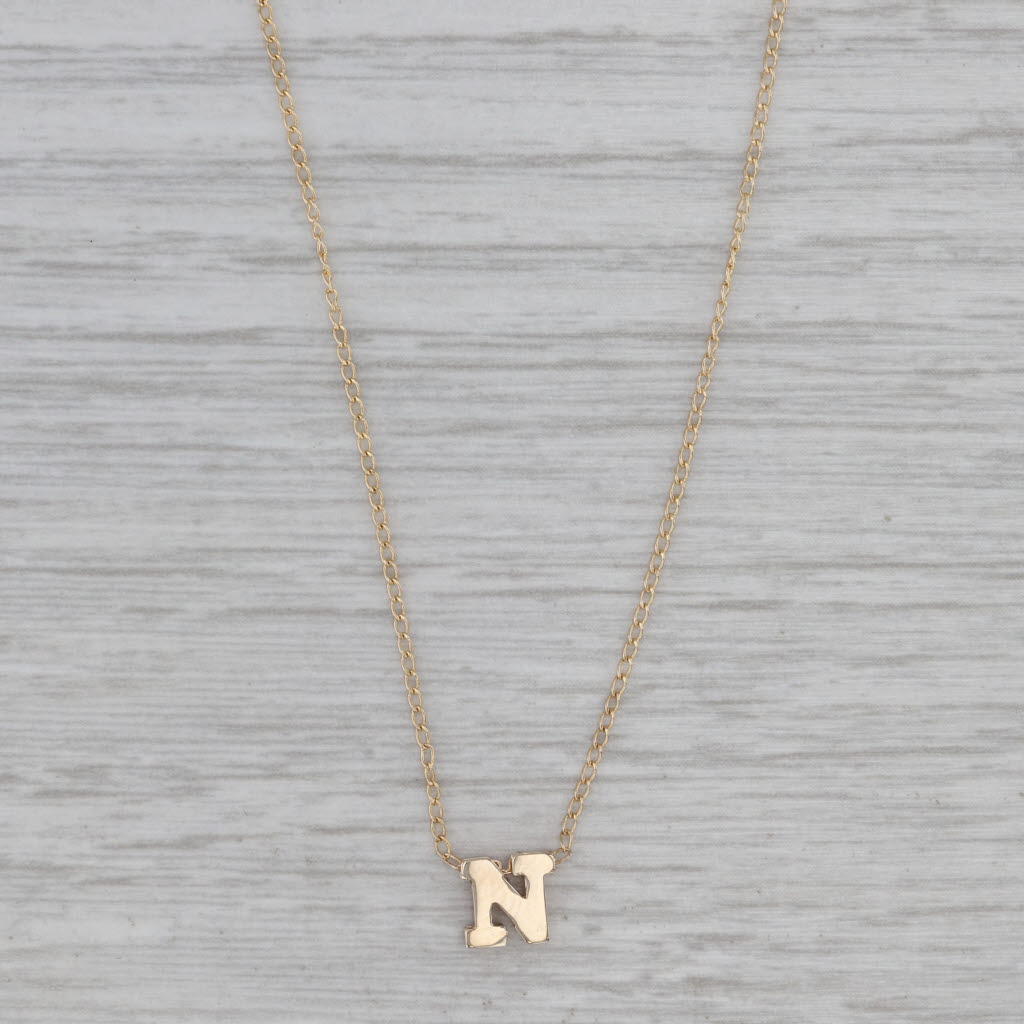 Gray Letter Initial "N" Pendant Necklace 14k Yellow Gold 15.5" Curb Chain