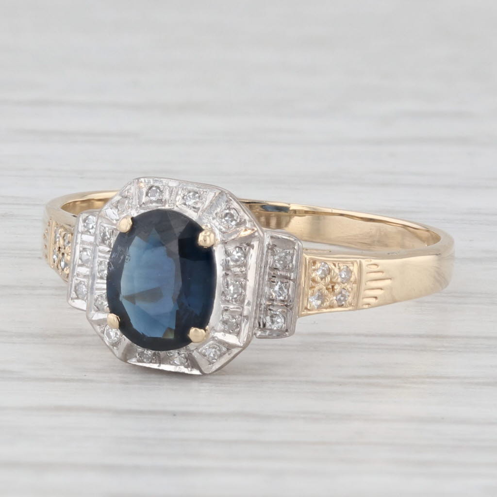 Light Gray Vintage 1.1ctw Blue Sapphire Diamond Halo 14k Yellow Ring 14k Gold Engagement