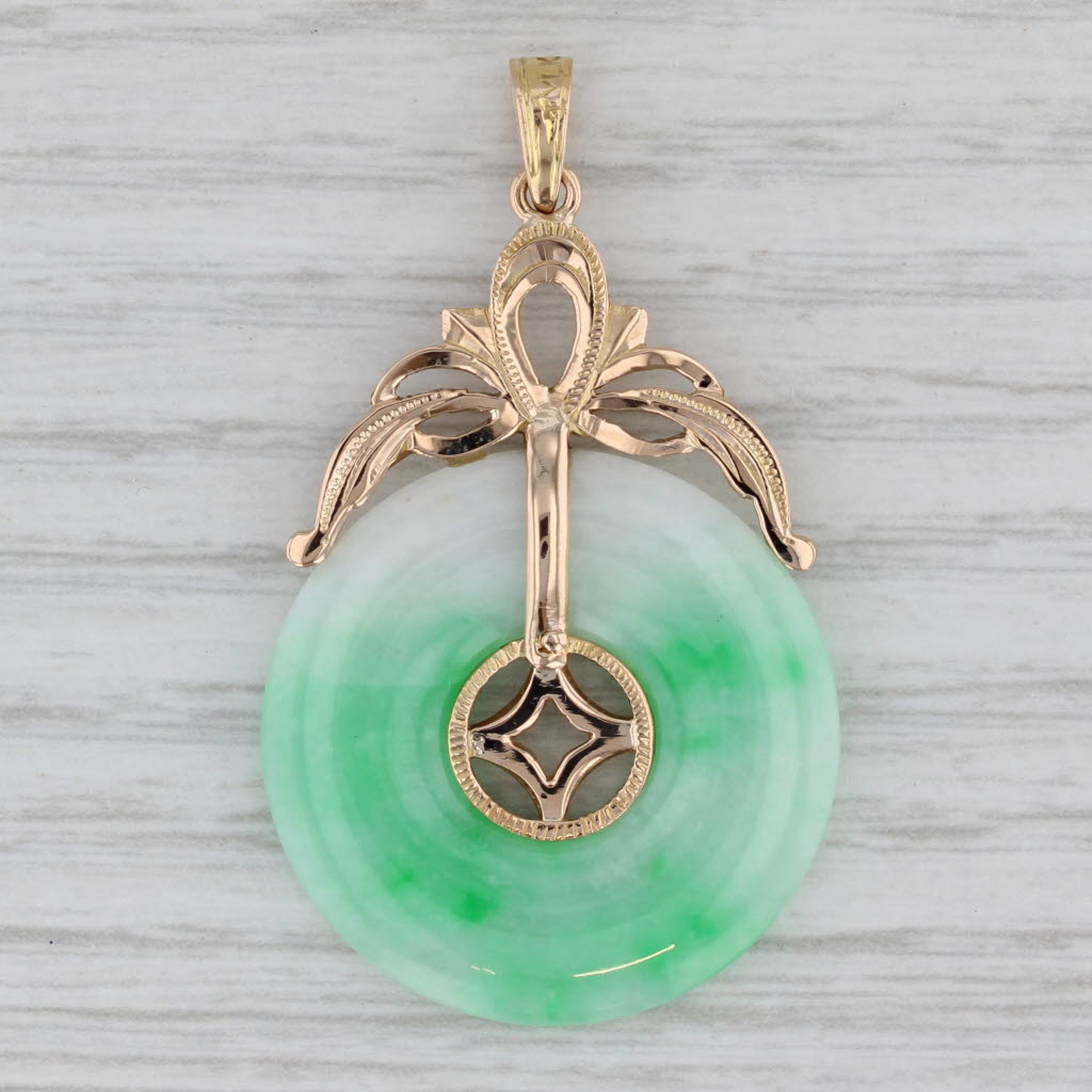 Gray Green Jadeite Jade Torus Pendant Necklace 14k Yellow Gold