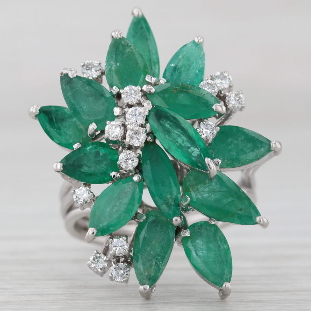Sea Green 6.28ctw Emerald Damond Flower Cocktail Ring 14k White Gold Size 6.5-6.75
