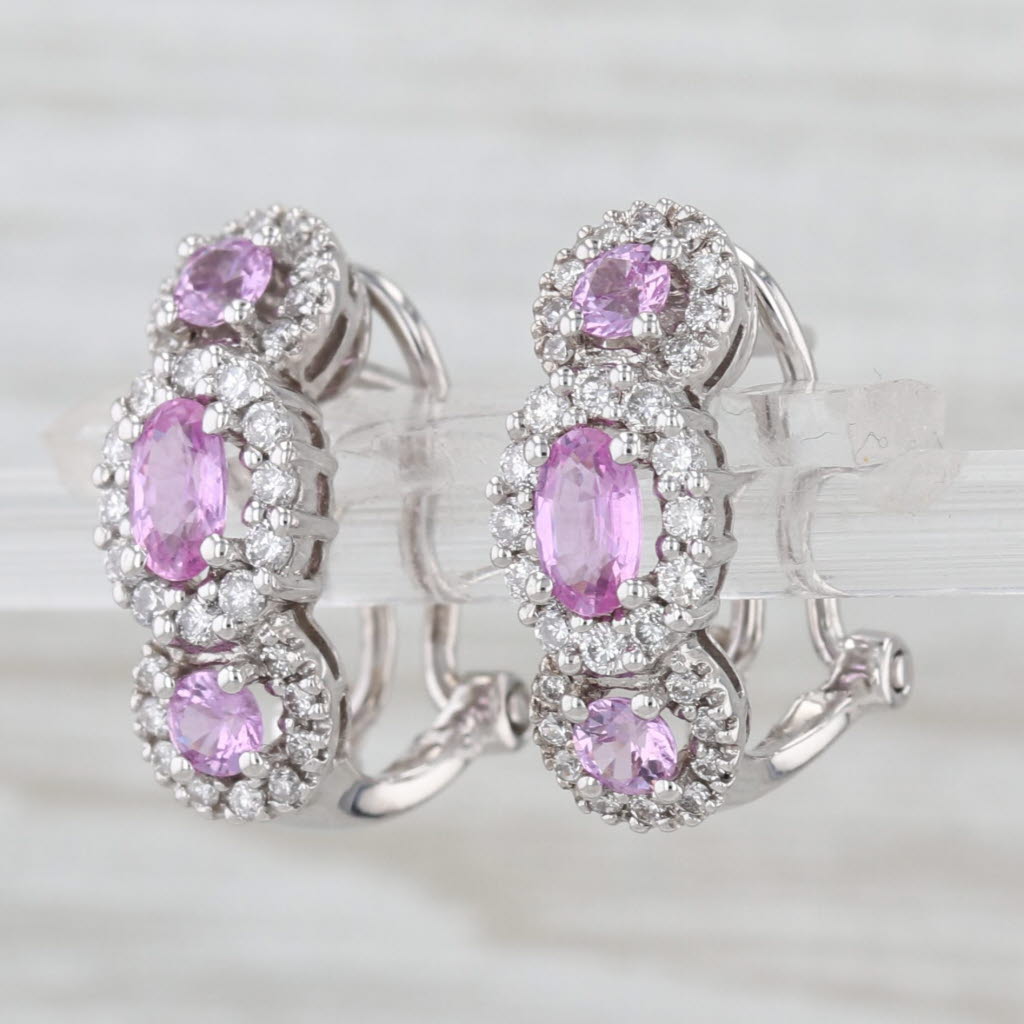 1.80ctw Pink Sapphire Diamond Halo Drop Earrings 14k White Gold Omega Backs