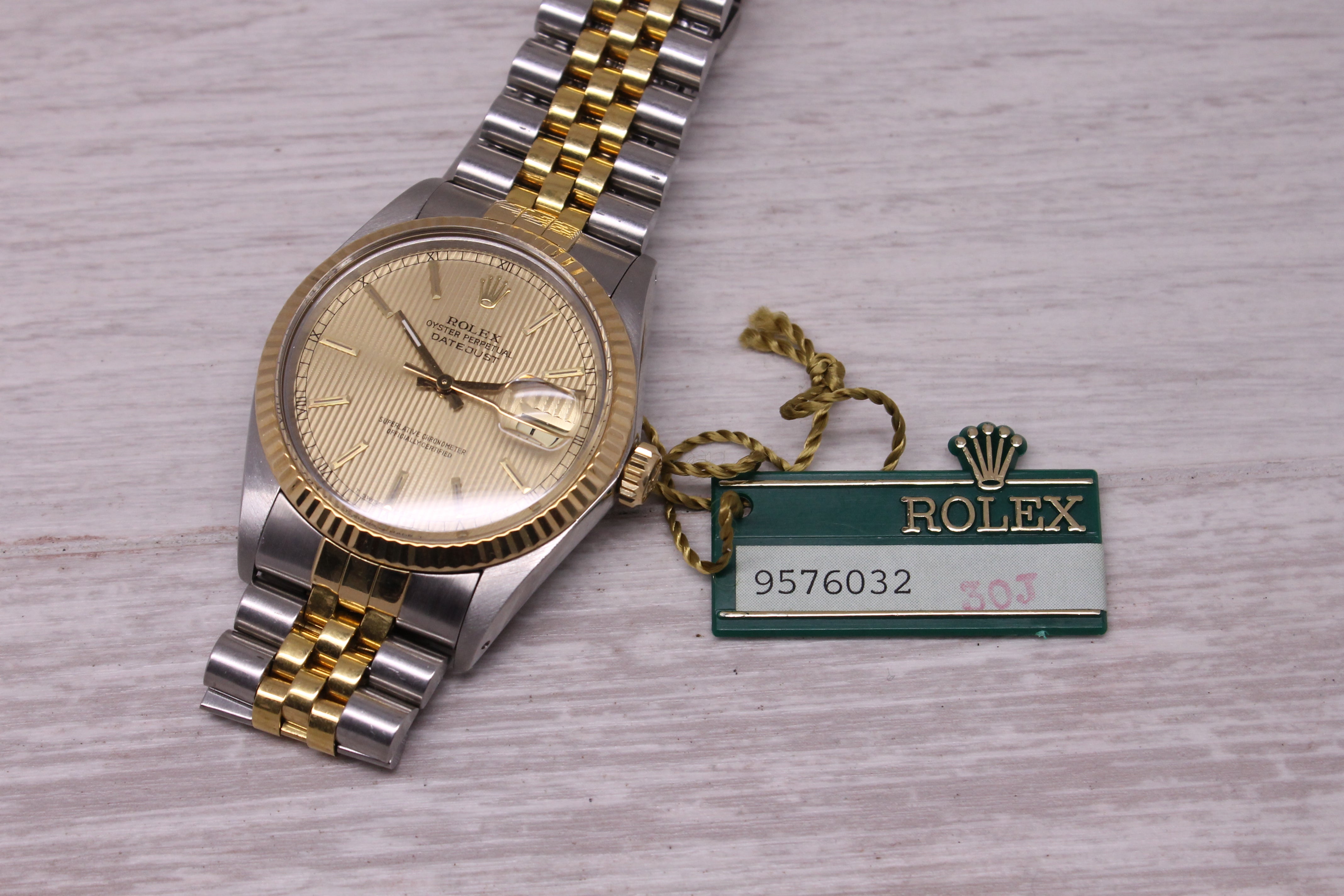 Vintage 1987 Rolex Datejust 16013 18k Steel Automatic Watch Tapestry Dial w Tag