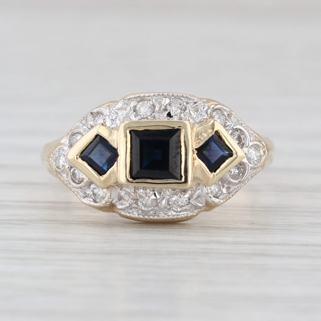0.75ctw Blue 3-Stone Sapphire Diamond Halo Ring 10k Yellow Gold Size 6