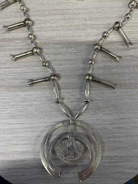 Light Slate Gray Native American Turquoise Squash Blossom Bead Necklace Sterling Silver 25.75"