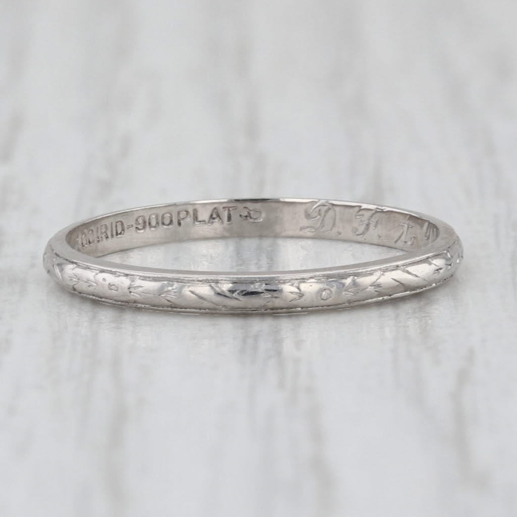 Art Deco Floral Etched Wedding Band Platinum Ring Size 5.5 Stackable