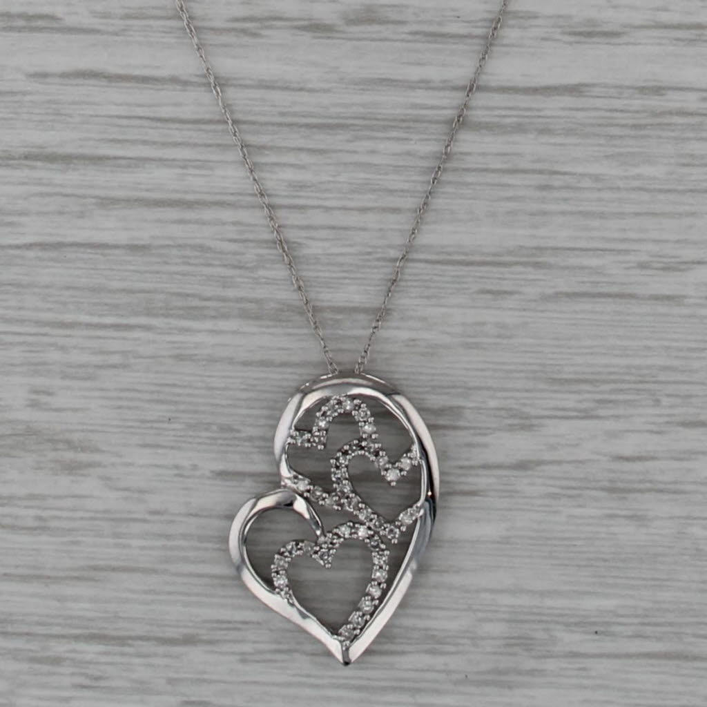 0.23ctw Openwork Diamond Hearts Pendant 10k White Gold 18.5" Rope Chain