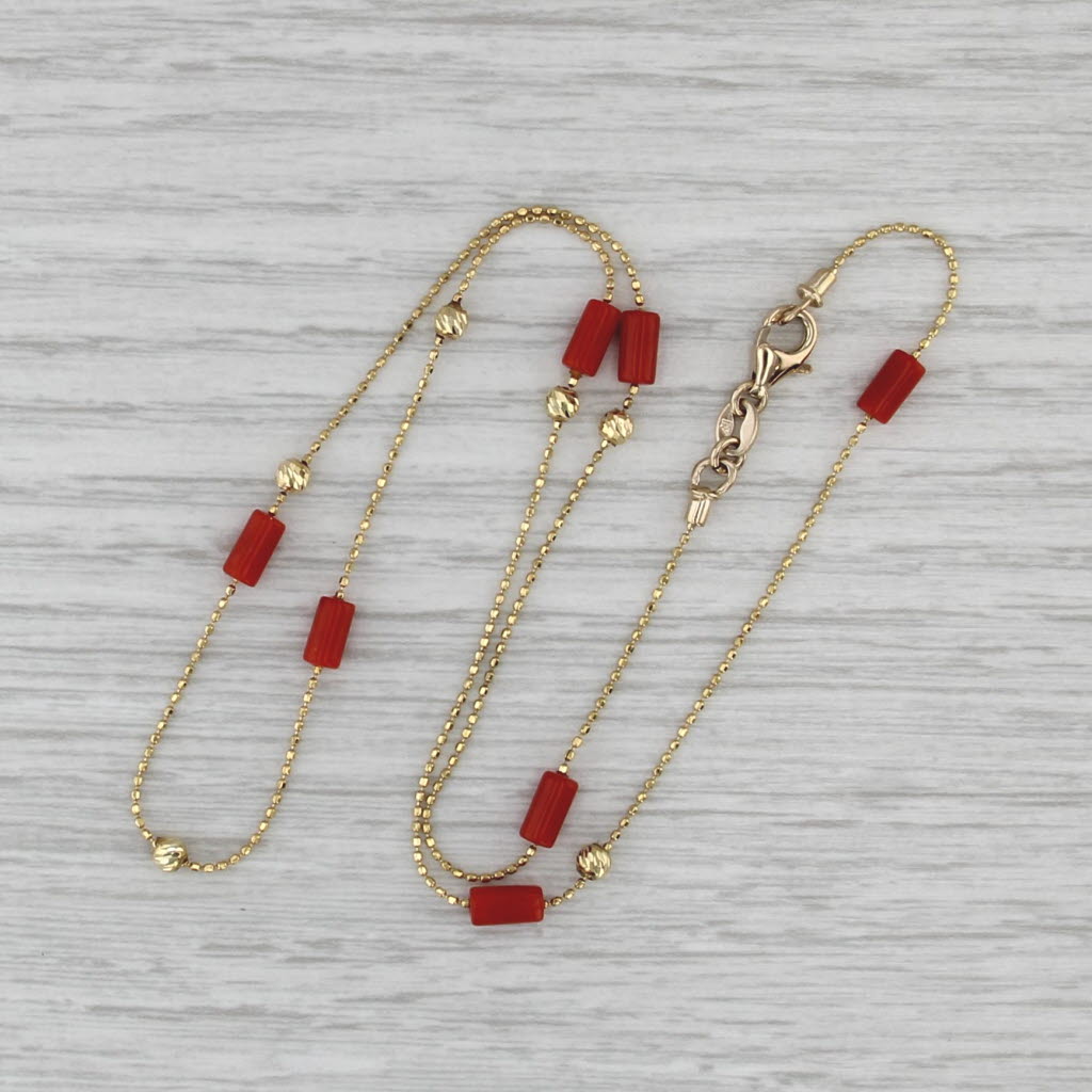 Noble Coral Bead Necklace 14k Yellow Gold 17"