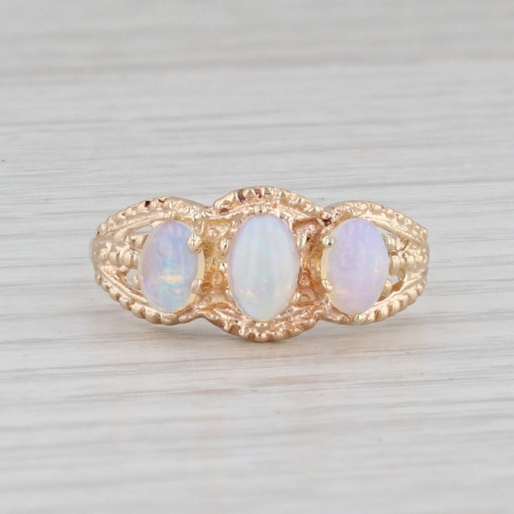 Light Gray Opal Cabochon 3-Stone Ring 14k Yellow Gold Size 7.5