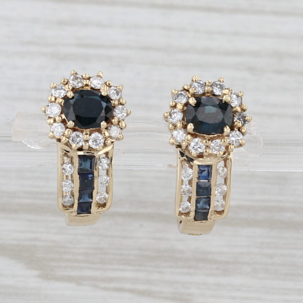 1.20ctw Blue Sapphire Diamond Hoop Earrings 14k Gold Hinged Snap Top Hoops